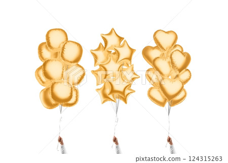 Hand holding gold star, round, heart balloon bouquet mockup, isolated 124315263
