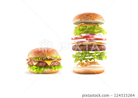 Beef hamburger with cheese and vegetables mockup ingredients, isolated Beef hamburger with cheese and vegetables mockup ingredients, isolated 124315264