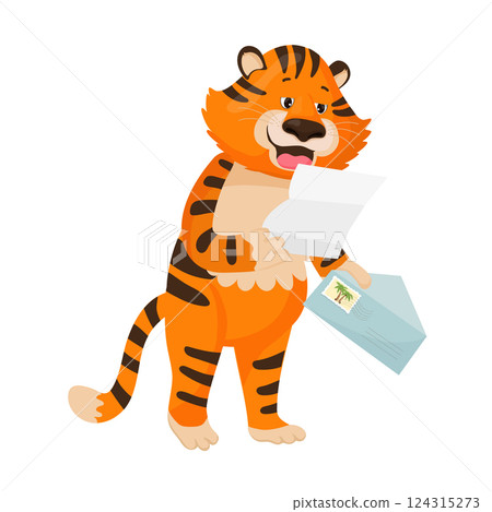 Tiger happily receiving a letter in an envelope 124315273