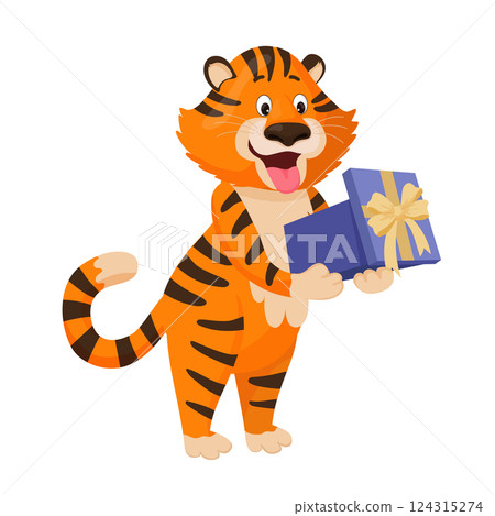 Cute tiger holding a gift box with a golden bow 124315274