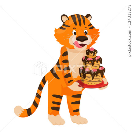 Cute tiger holding a chocolate cake with strawberries 124315275