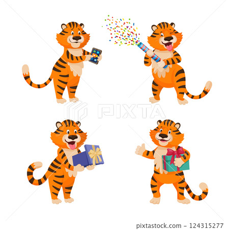 Cartoon tiger with confetti and gift box celebrating Cartoon tiger with confetti and gift box celebrating 124315277
