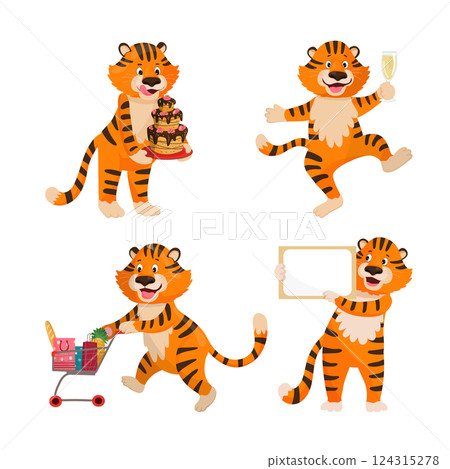 Cartoon tiger shopping and carrying a festive cake 124315278