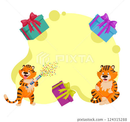 Festive tiger frame with gift boxes for party invites Festive tiger frame with gift boxes for party invites 124315288