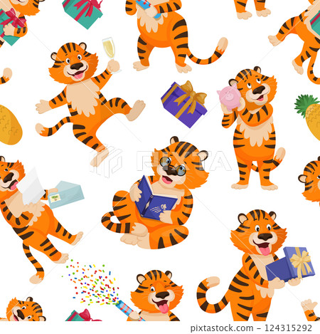Seamless pattern with cartoon tigers and gifts Seamless pattern with cartoon tigers and gifts 124315292