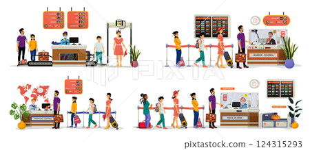Set of vector flat illustrations of security, passport, border control desk and check-in-desk. 124315293
