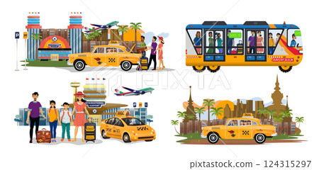 Collection of flat illustrations of trip on a taxi and bus shuttle, posing near airport. 124315297