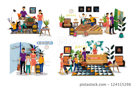 Set of flat illustrations of family packing suitcases, in a hotel, near boarding gate, booking room. Set of flat illustrations of family packing suitcases, in a hotel, near boarding gate, booking room. 124315298