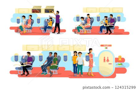 Set of flat illustrations of happy family in cabin of plane during the flight and queue to a toilet. Set of flat illustrations of happy family in cabin of plane during the flight and queue to a toilet. 124315299