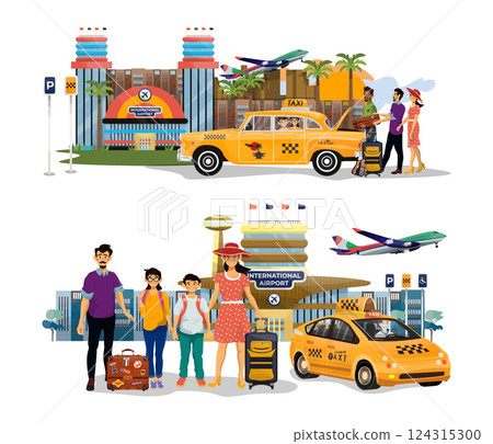 Vector illustration of family go on a retro taxi on holiday. Family arrived to the airport. 124315300