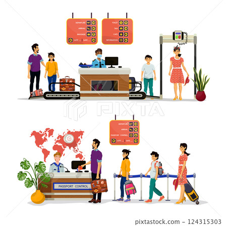 Vector Illustration of passport and border control, airport inspection process by inspector. 124315303