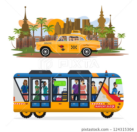 Collection of flat illustrations of trip on a taxi and bus shuttle. 124315304