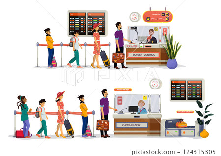 Illustration of check in desk, registration with long queue of people, passport and border control. 124315305