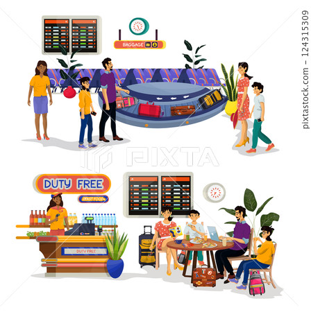 Vector flat illustration of baggage reclaim with waiting family. Duty Free Shop and cafe. 124315309