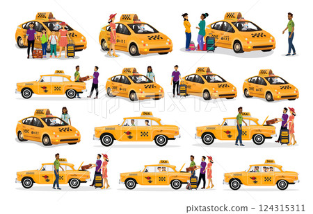 Collection of vector cartoon illustrations and situations with taxi and happy family go on holiday. Collection of vector cartoon illustrations and situations with taxi and happy family go on holiday. 124315311