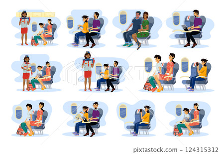 Collection of flat illustrations of fasten seat belts, boarding, serving food during the flight. 124315312