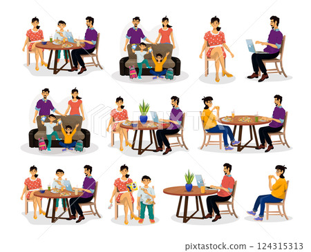 Big collection of people and characters. Situations with happy family at the table and on the sofa. Big collection of people and characters. Situations with happy family at the table and on the sofa. 124315313