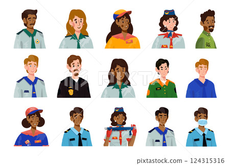 Collection of vector flat avatars or portraits with different professions. Collection of vector flat avatars or portraits with different professions. 124315316