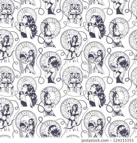 Seamless pattern with hand drawn monochrome arts of beautiful woman with astrological signs. Seamless pattern with hand drawn monochrome arts of beautiful woman with astrological signs. 124315355