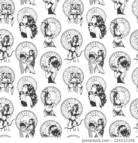 Seamless pattern with hand drawn monochrome arts of beautiful woman with astrological signs. 124315356