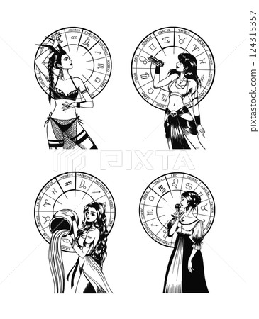 Hand drawn illustrations and silhouettes of monochrome arts of astrological signs and beauty women. Hand drawn illustrations and silhouettes of monochrome arts of astrological signs and beauty women. 124315357