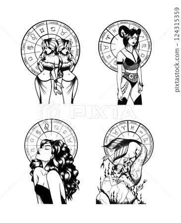 Hand drawn illustrations and silhouettes of monochrome arts of astrological signs and beauty women. Hand drawn illustrations and silhouettes of monochrome arts of astrological signs and beauty women. 124315359