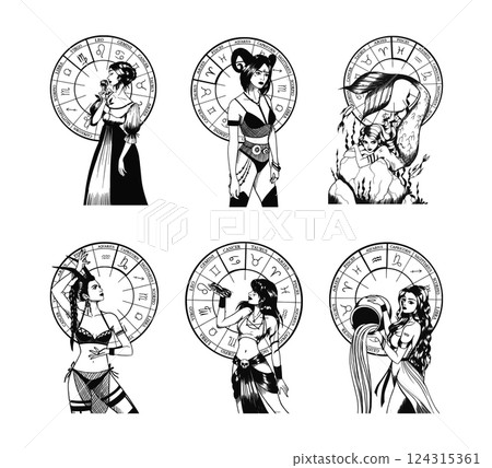 Hand drawn illustrations and silhouettes of monochrome arts of astrological signs and beauty women. Hand drawn illustrations and silhouettes of monochrome arts of astrological signs and beauty women. 124315361