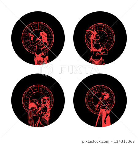 Set of monochrome symbols, icons with astrological signs and romantic beauty women. Zodiac symbols. Set of monochrome symbols, icons with astrological signs and romantic beauty women. Zodiac symbols. 124315362