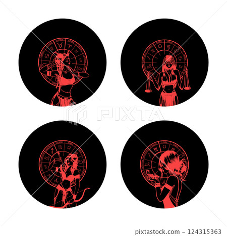 Set of monochrome symbols, icons with astrological signs and romantic beauty women. Zodiac symbols. Set of monochrome symbols, icons with astrological signs and romantic beauty women. Zodiac symbols. 124315363