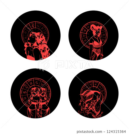 Set of monochrome symbols, icons with astrological signs and romantic beauty women. Zodiac symbols. Set of monochrome symbols, icons with astrological signs and romantic beauty women. Zodiac symbols. 124315364