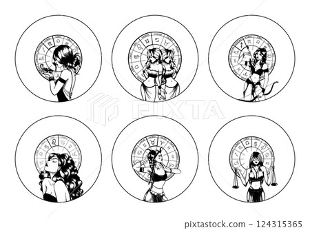 Set of monochrome symbols, icons with astrological signs and romantic beauty women. Zodiac symbols. 124315365