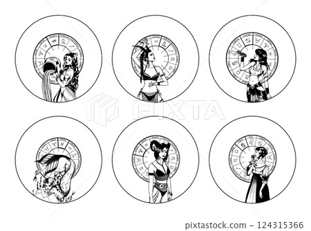 Set of monochrome symbols, icons with astrological signs and romantic beauty women. Zodiac symbols. Set of monochrome symbols, icons with astrological signs and romantic beauty women. Zodiac symbols. 124315366