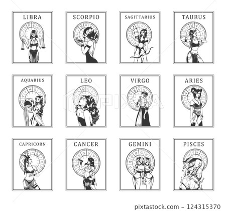 Set of vector illustrations of monochrome cards with astrological signs and romantic beauty women. Set of vector illustrations of monochrome cards with astrological signs and romantic beauty women. 124315370