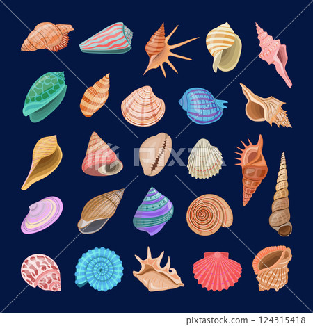 Collection of vector cartoon illustration of colorful seashells on dark background. 124315418