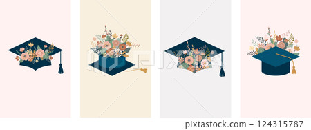Floral Graduation Cap Illustrations Set. 124315787