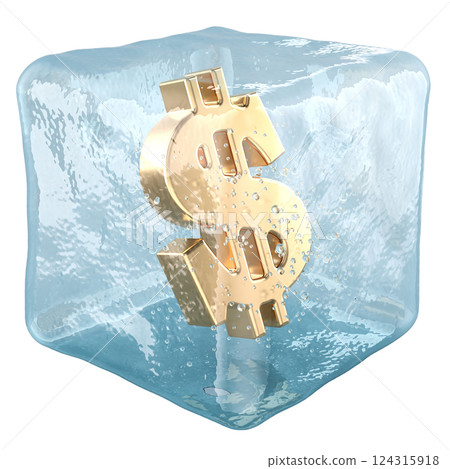 Dollar symbol frozen in ice cube, 3D rendering 124315918