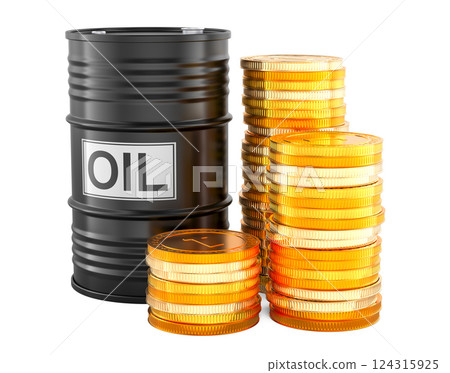 Oil barrel with golden coins. Oil production and trading, concept. 3D rendering 124315925
