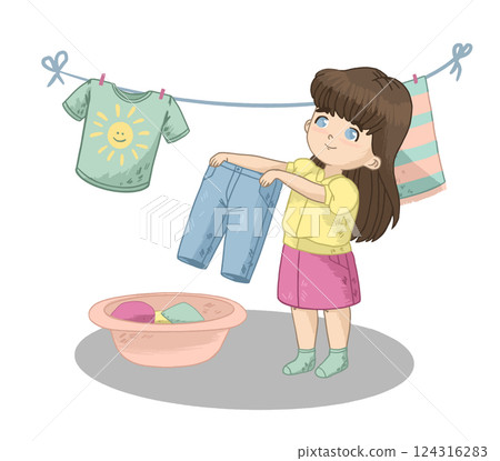 Girl Hanging Laundry Girl Hanging Laundry 124316283