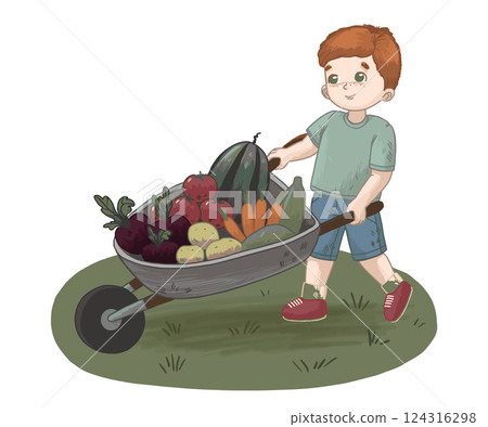 Boy with Wheelbarrow of Vegetables Boy with Wheelbarrow of Vegetables 124316298