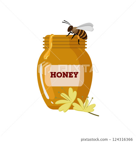 Honey jar with bee and golden honey. Honey jar with bee and golden honey. 124316366