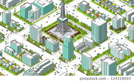 從鳥瞰角度看的三維城市景觀向量圖 124316693