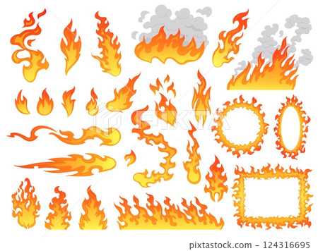 Cartoon fire flames set. Comic burn flame shapes, painting fuego curve firestorm hot blaze effect fireball angry evil hell bonfire heat fireflame fires, tidy vector illustration Cartoon fire flames set. Comic burn flame shapes, painting fuego curve firestorm hot blaze effect fireball angry evil hell bonfire heat fireflame fires, tidy vector illustration 124316695