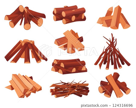 Cartoon firewood. Woodpile, wood log stack for bonfire campfire or fireplace tree branch heap timber piling lumber fire heat wooden material stick hut, set tidy vector illustration 124316696