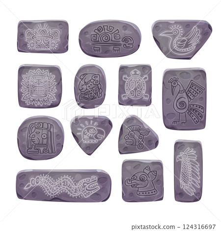 Maya stone symbols. Aztec inca mayan rocks with ritual pagan rune, ancient civilization tribal signs ui cartoon game assets mexico culture element set, swanky vector illustration 124316697