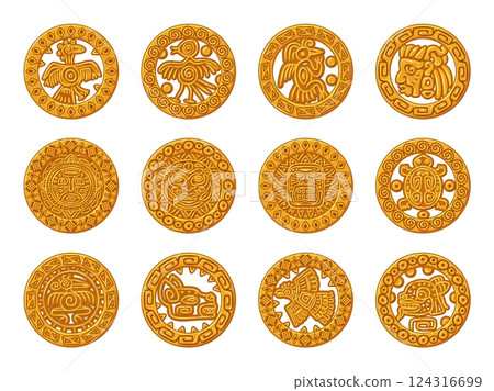 Maya golden ornament. Mayan gold coin game ui icons, aztec inca mexican ancient currency indian tribal medallion ethnic round frame aboriginal treasure, swanky vector illustration 124316699