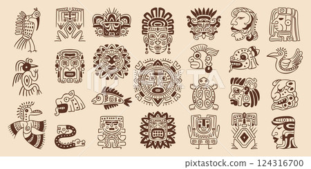 Mayan totem symbols. Maya civilization pattern, inca aztec tribal indigenous ornate ancient mexican or native american indian ethnic art symbol, tattoo swanky vector illustration 124316700