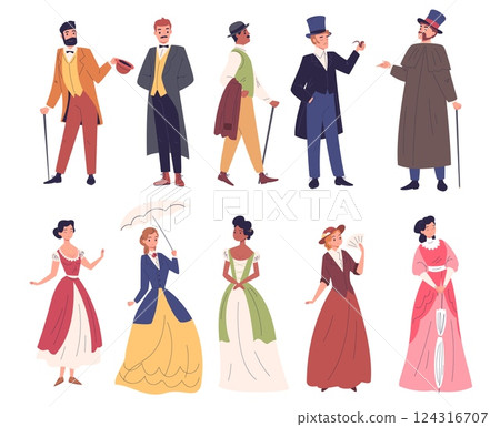 Victorian people. 19th century european man and woman in vintage outfit, old fashion lady dress gentleman aristocrat character 1900 historical person, classy vector illustration Victorian people. 19th century european man and woman in vintage outfit, old fashion lady dress gentleman aristocrat character 1900 historical person, classy vector illustration 124316707
