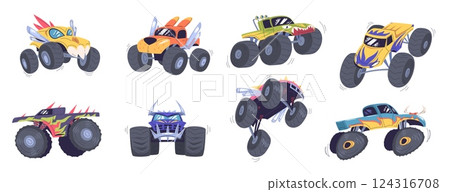 Monster trucks set. Cartoon monstertruck toy cars, pickup with big tire wheels bright design muscle 4wd auto vehicle jumping heavy car race bigfoot sport classy vector illustration Monster trucks set. Cartoon monstertruck toy cars, pickup with big tire wheels bright design muscle 4wd auto vehicle jumping heavy car race bigfoot sport classy vector illustration 124316708