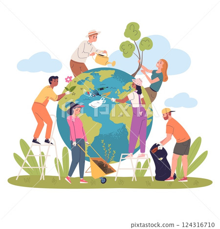 People cleaning earth planet. Eco activists clean world from plastic waste, earth day concept man woman collect garbage and plant trees save environment, classy vector illustration 124316710