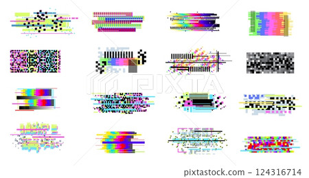 Tv glitch effect set. Screen noise digital artifacts, no signal data interference pixel decay texture glitched vhs video television error abstract bug, classy vector illustration 124316714